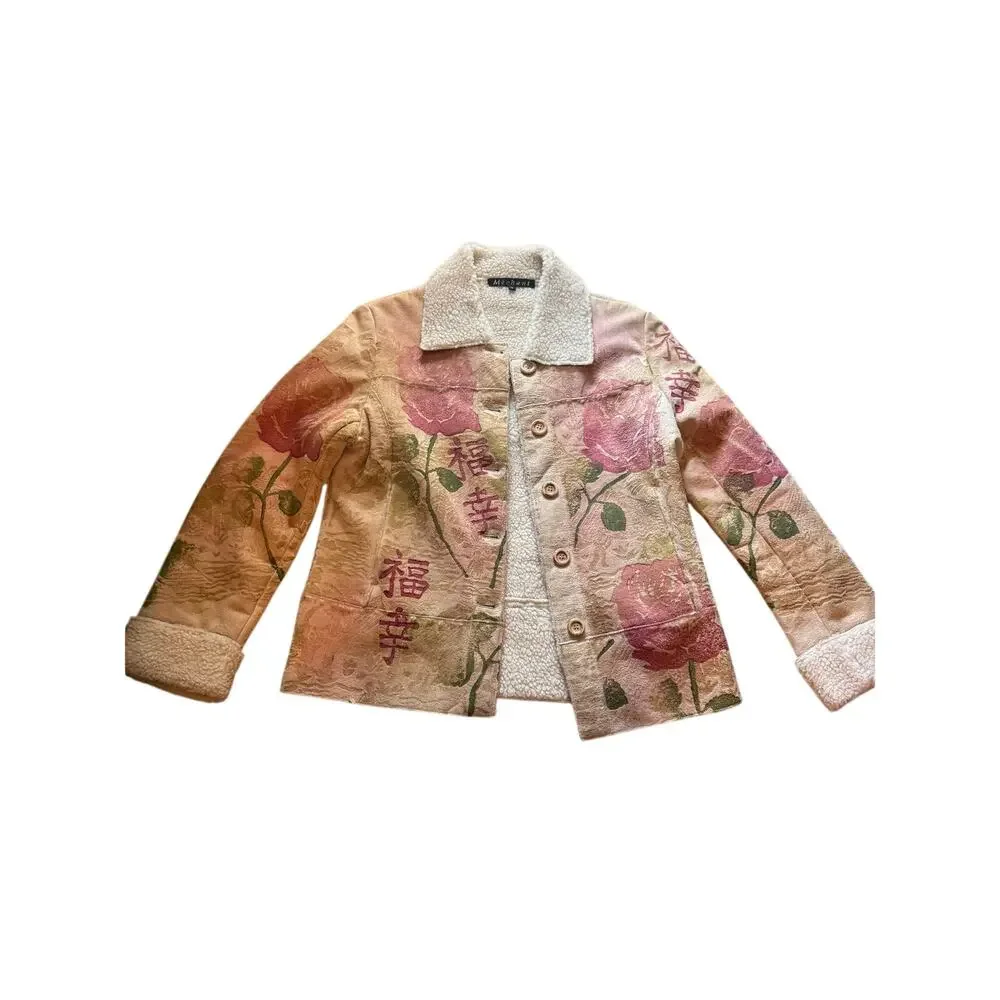 Vintage Méchant Sherpa Lined Floral Jacquard Jacket Asian Script Roses Small